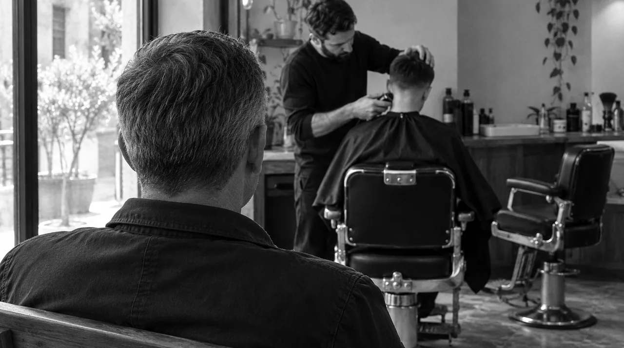 Homme assis de dos sur le banc d'attente d'un salon de barbier, regardant un barbier finir la nuque d'un client