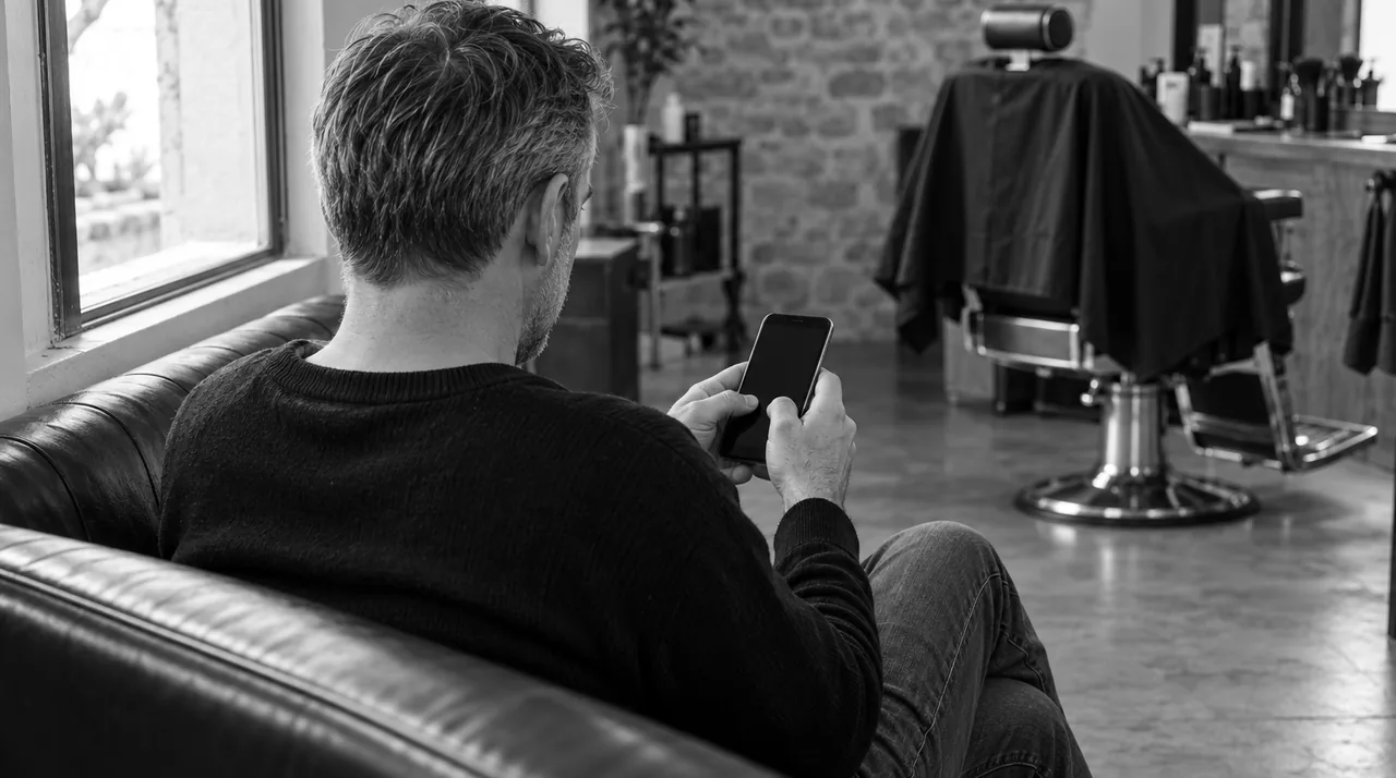 Client assis de dos sur la banquette d'un salon de barbier, son téléphone en main, en attendant son tour