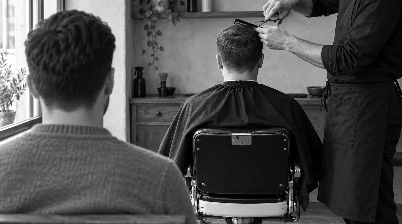 Client assis sur la banquette d'attente, vu de dos, devant un fauteuil où le barbier termine une coupe