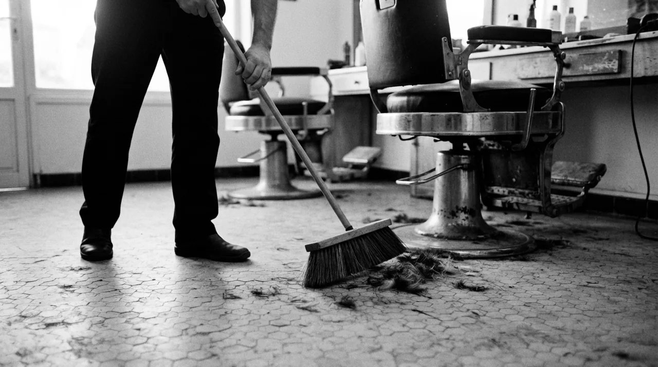 Barbier balayant les cheveux coupés au pied des fauteuils, en fin de journée