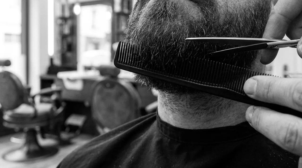 Gros plan d'une barbe dense sous la mâchoire, peigne et pointe des ciseaux