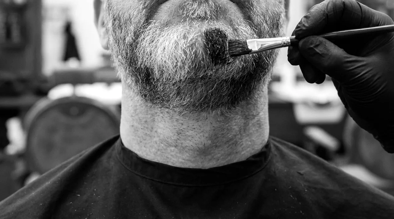 Pinceau à teinture tenu d'une main gantée sur une barbe poivre et sel