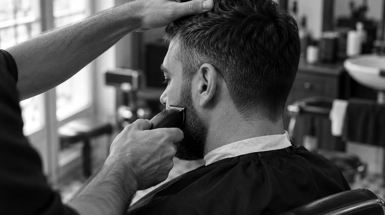 Barbier qui dessine à la tondeuse la ligne de la barbe d'un client, vu par-dessus son épaule
