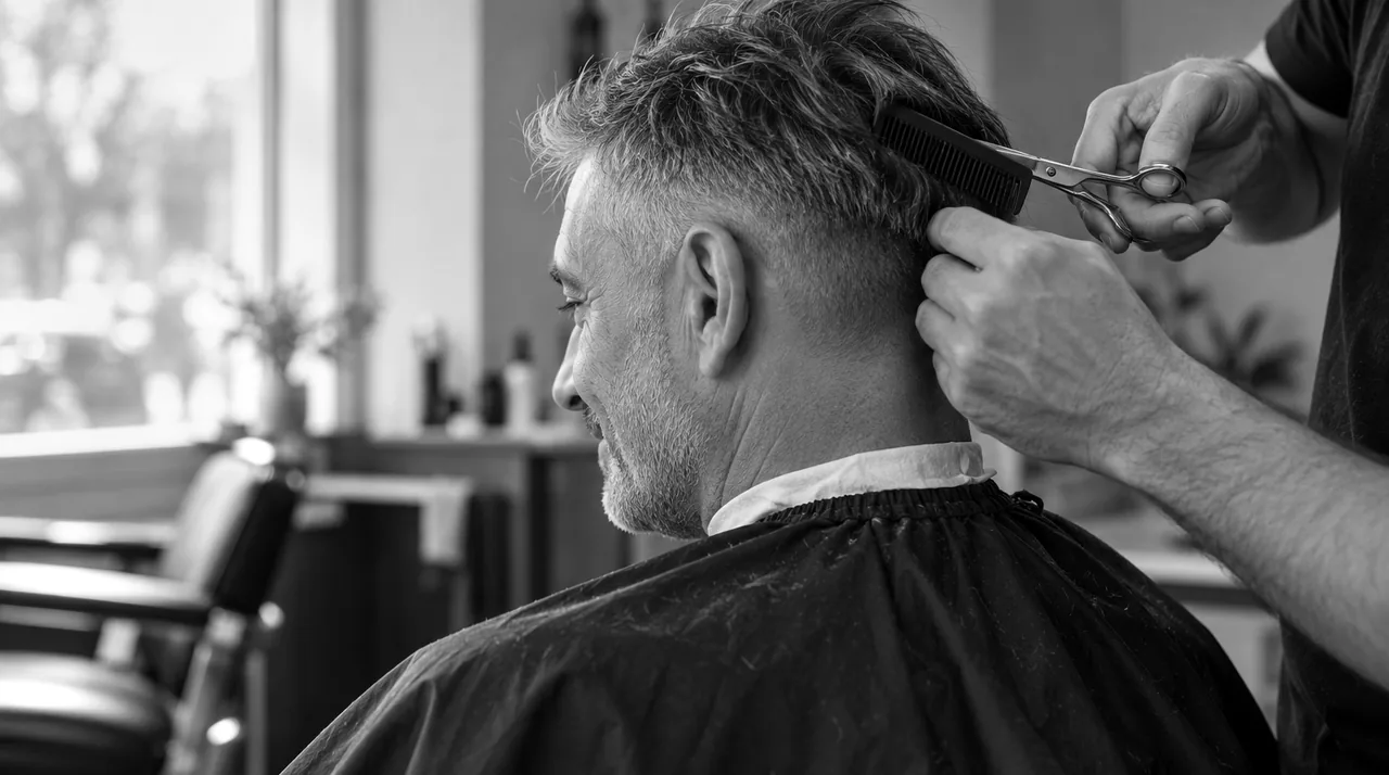 Barbier finissant aux ciseaux la coupe d'un client d'une cinquantaine d'années, vu par-dessus l'épaule