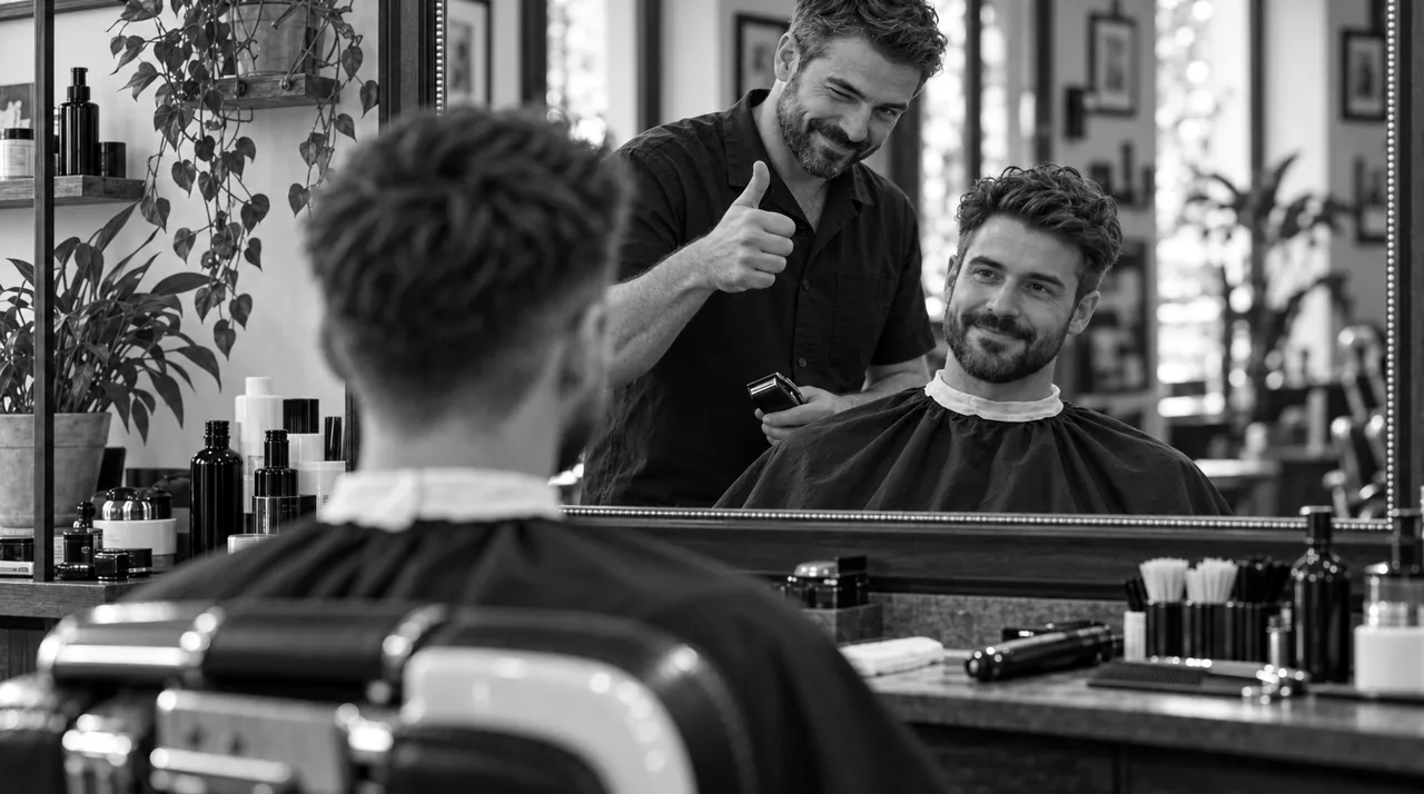 Dans le miroir, le barbier lève le pouce avec un clin d'œil vers le client souriant, la tondeuse encore éteinte
