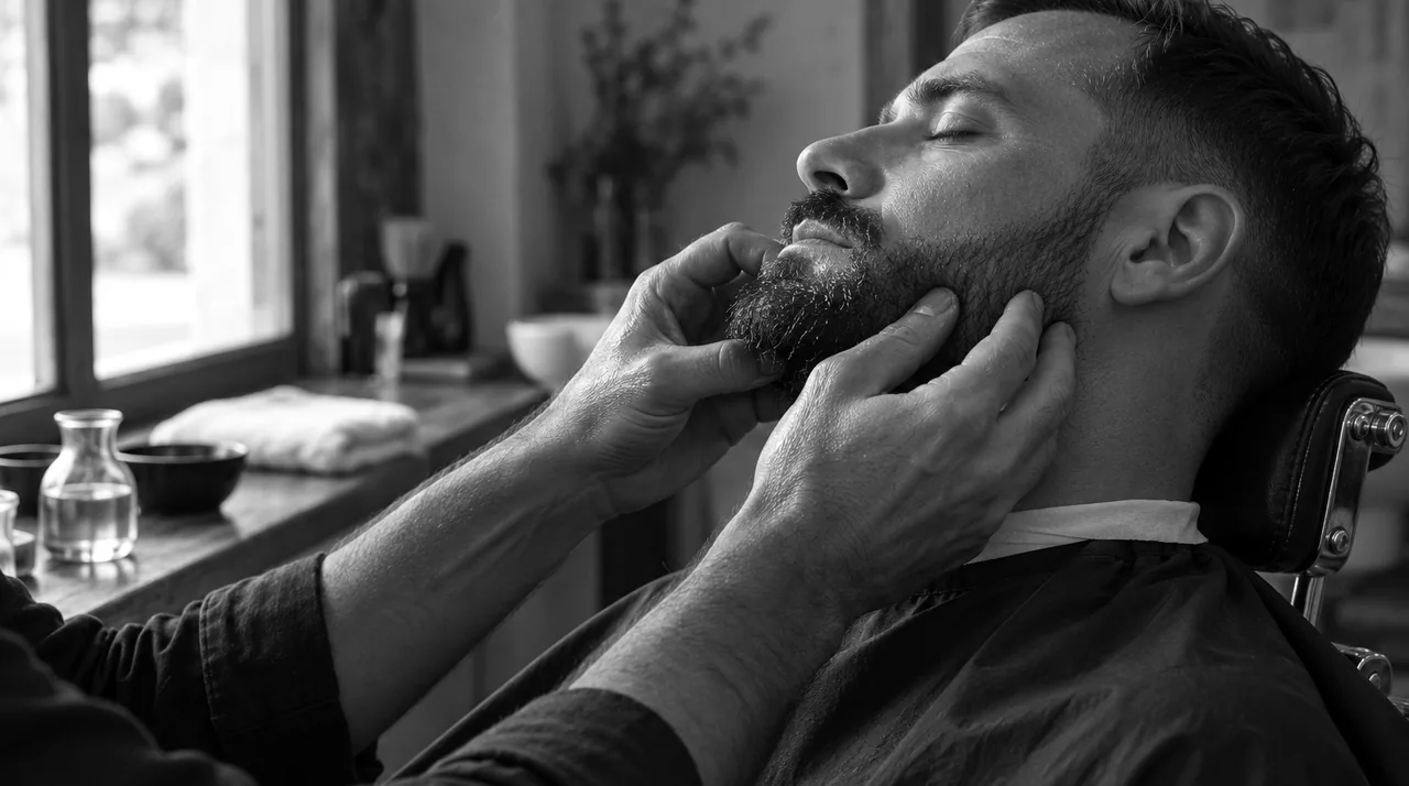 Client installé dans un fauteuil incliné, yeux fermés, vu de côté : les deux mains du barbier massent l'huile dans sa barbe courte, le long de la mâchoire