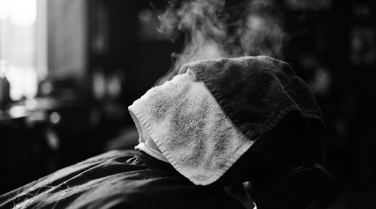 Client installé dans un fauteuil incliné, vu de côté, le visage couvert d'une serviette chaude d'où monte de la vapeur