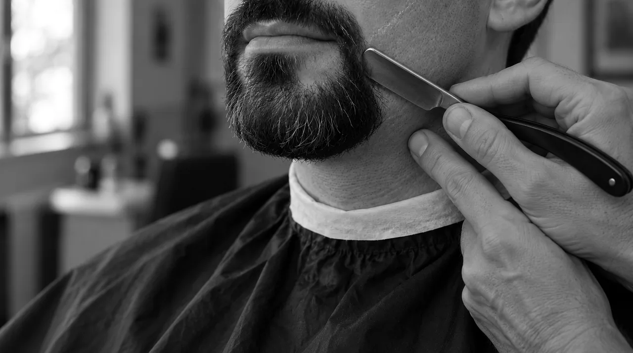 Bouc vu de trois quarts pendant la taille : la main du barbier tient un rasoir manuel le long du bord du bouc, sur la joue