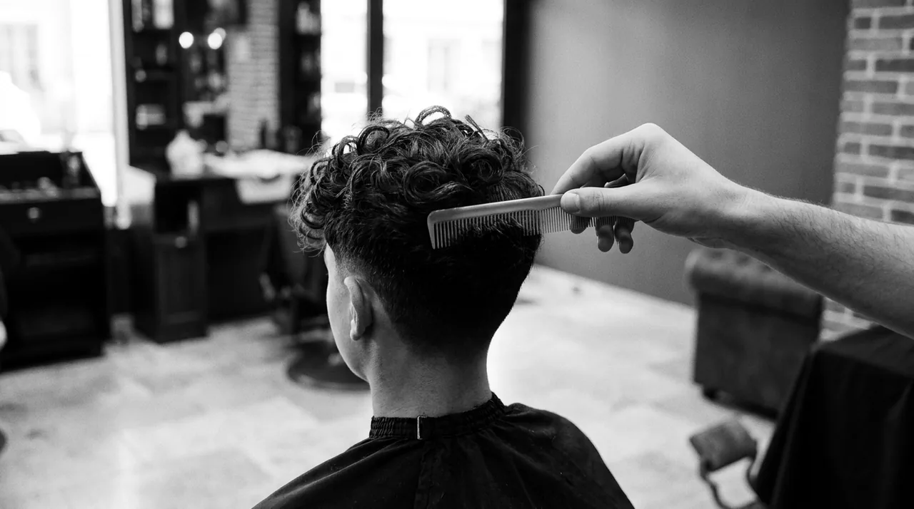 Boucles naturelles sur le dessus de la tête d'un adolescent vu de dos, côtés dégradés