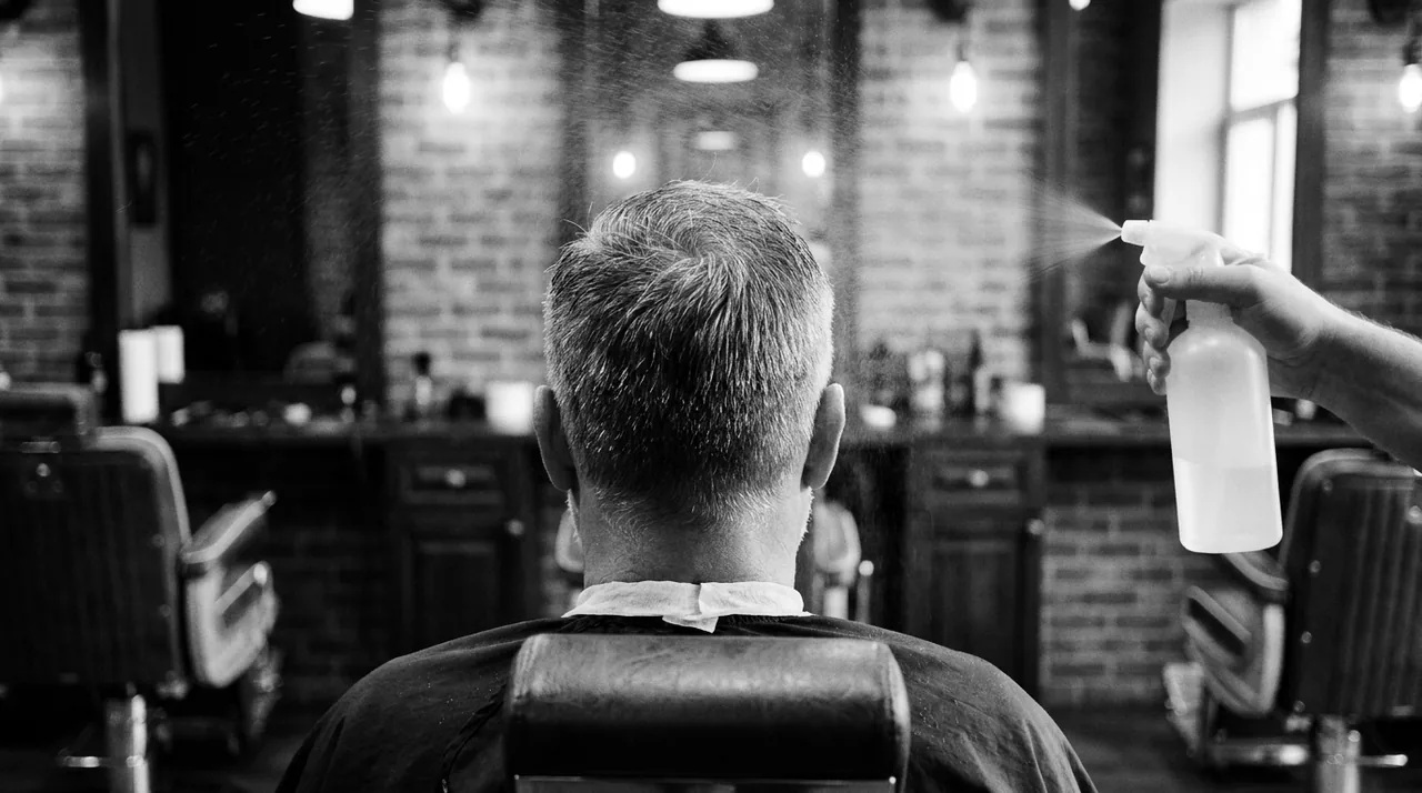 Vu de dos, brume d'eau vaporisée sur le dessus de cheveux poivre et sel
