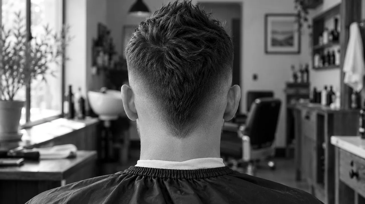 Burst fade vu de dos avec une crête : arcs courts autour des deux oreilles, bande de cheveux relevés au milieu, du sommet jusqu'à la nuque