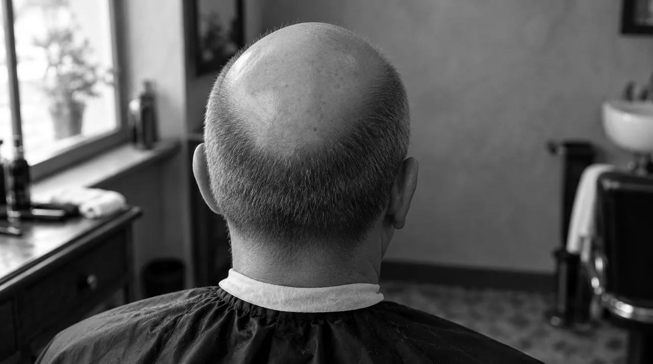 Homme d'une cinquantaine d'années vu de dos, crâne dégarni sur le dessus, couronne de cheveux tondue à quelques millimètres sur les côtés et l'arrière