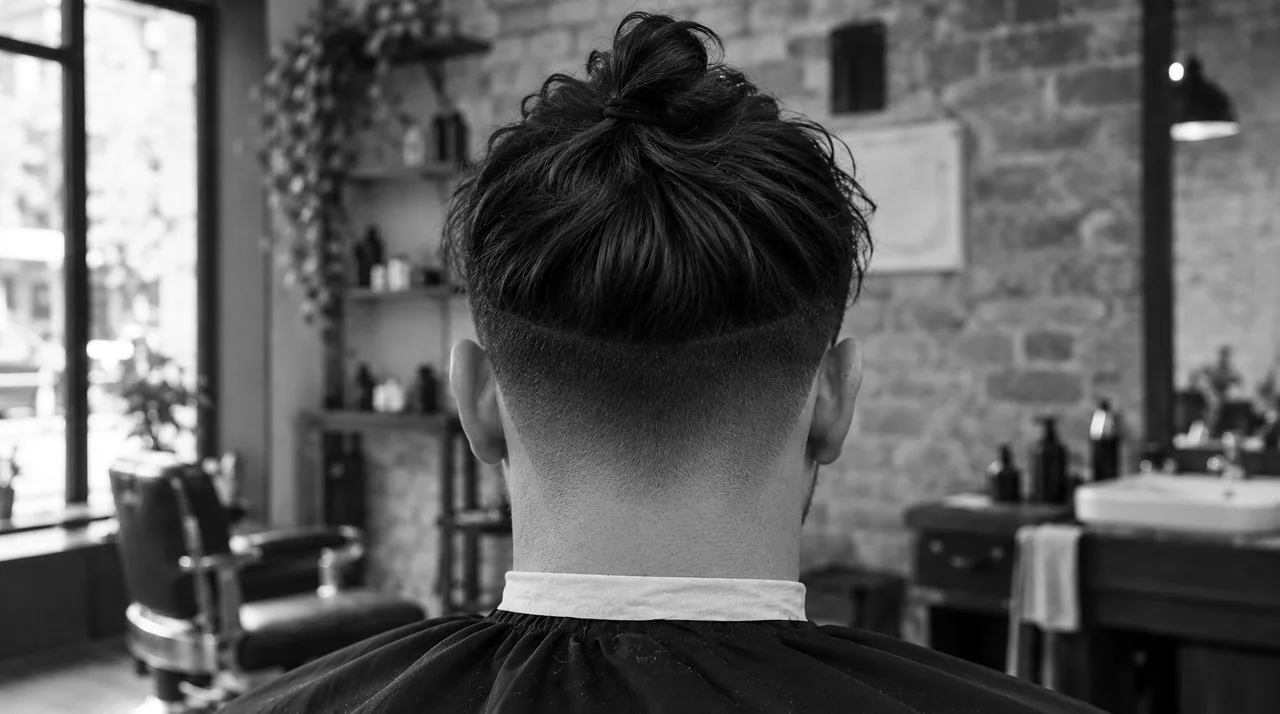 Dessus long noué en petit chignon au sommet du crâne, côtés et nuque dégradés courts, vu de dos