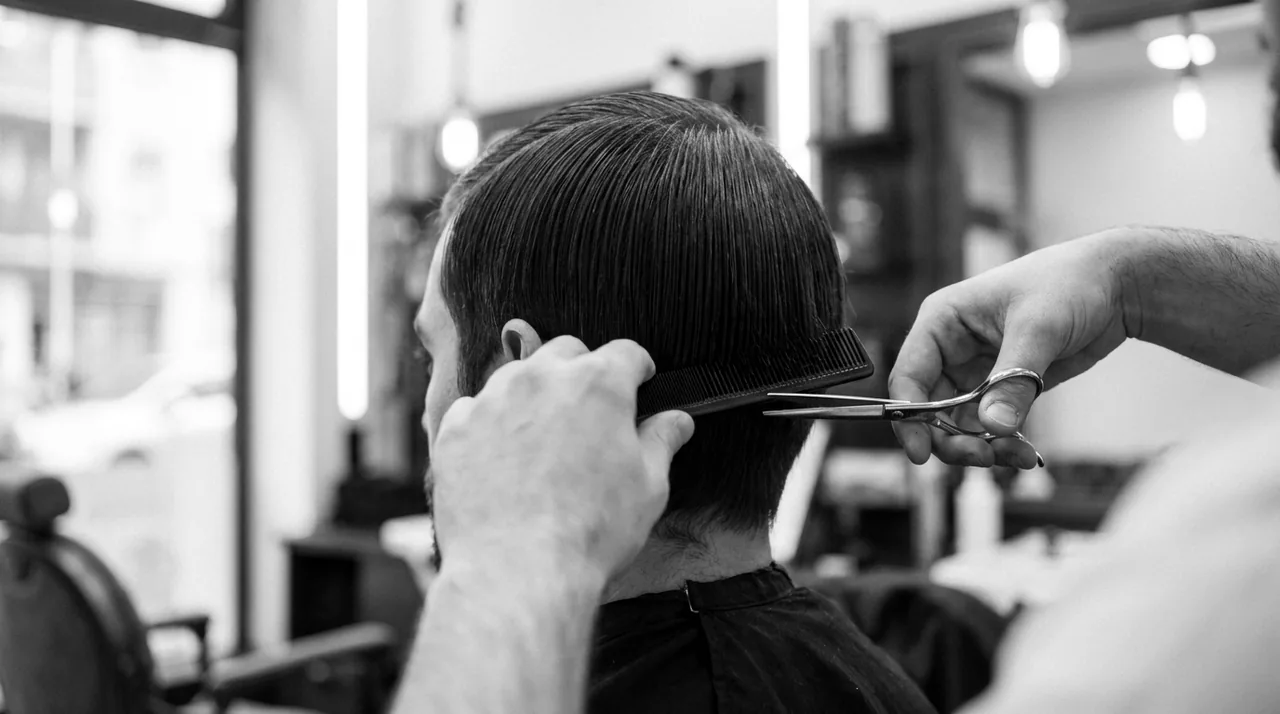 Ciseaux coupant le long d'un peigne noir au-dessus de l'oreille, vus par-dessus l'épaule