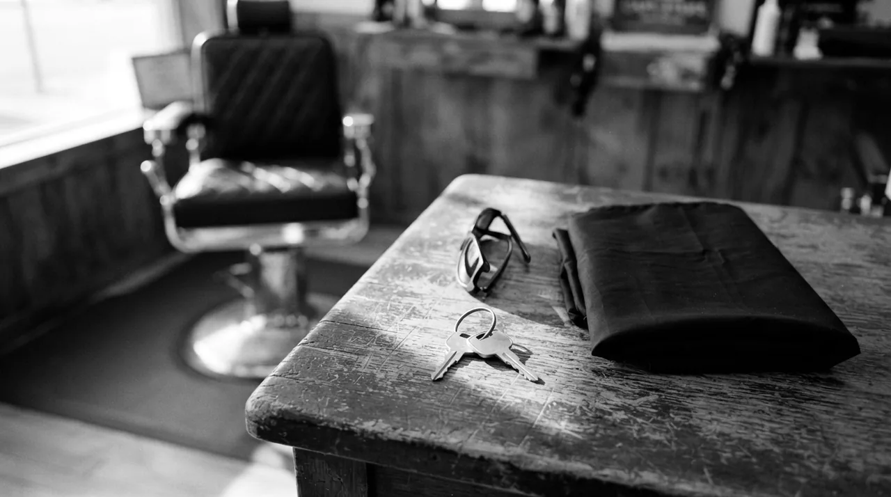 Clé de voiture et lunettes de soleil posées sur le comptoir en bois d'un barbier, fauteuil vide derrière