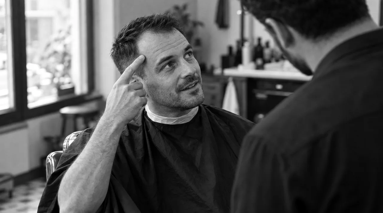 Homme assis dans un fauteuil de barbier, vu de trois-quarts, qui montre sa tempe du doigt ; le barbier, de dos, se penche pour écouter