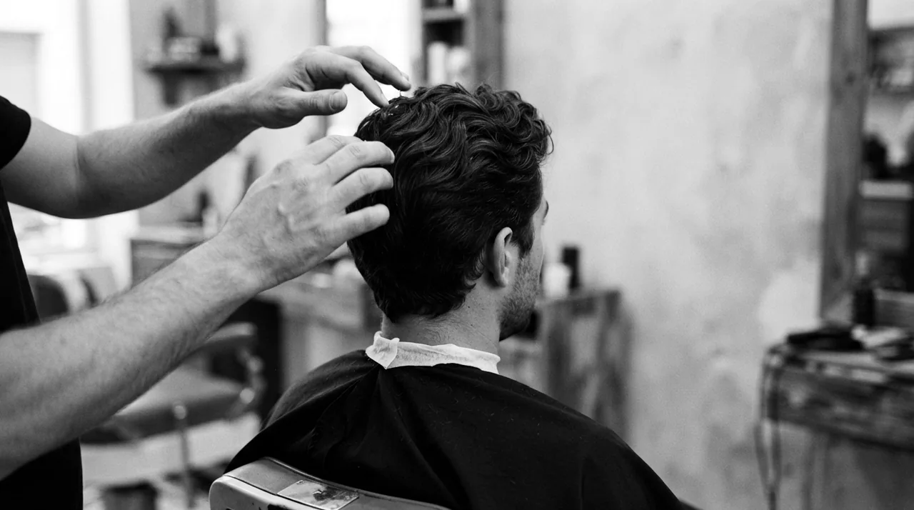 Vu de dos et un peu de côté, un barbier coiffe du bout des doigts les cheveux ondulés d'un client au fauteuil