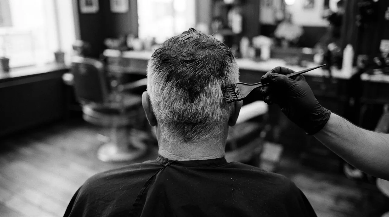 Main gantée posant une coloration noire au pinceau sur des cheveux gris, vue de dos