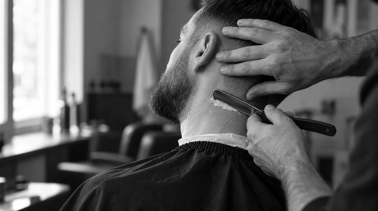 Barbier traçant au rasoir manuel la ligne de barbe sous la mâchoire d'un client, vu par-dessus l'épaule