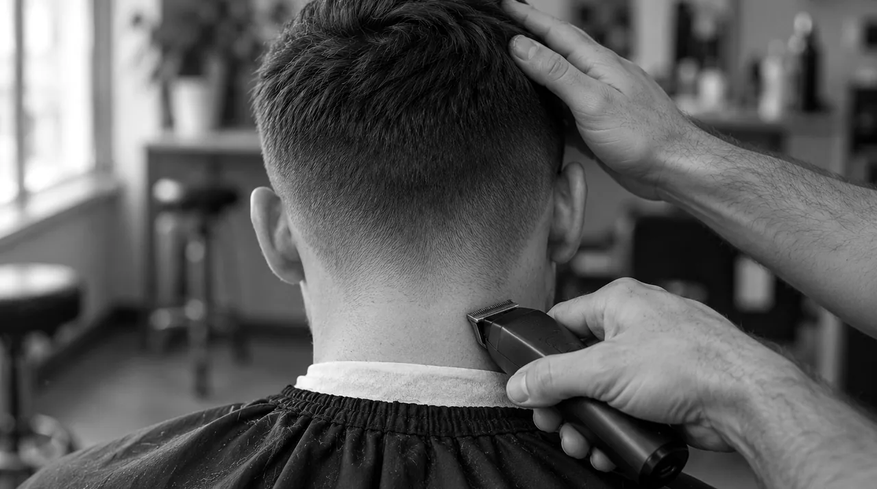 Nuque d'un homme vu de dos, coupe courte dégradée, le barbier nettoie le contour à la tondeuse