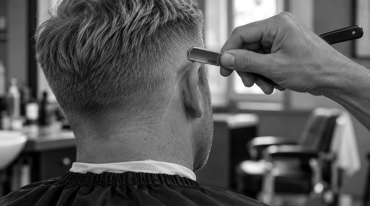 Barbier traçant au rasoir le contour autour de l'oreille d'un homme blond, vu de dos