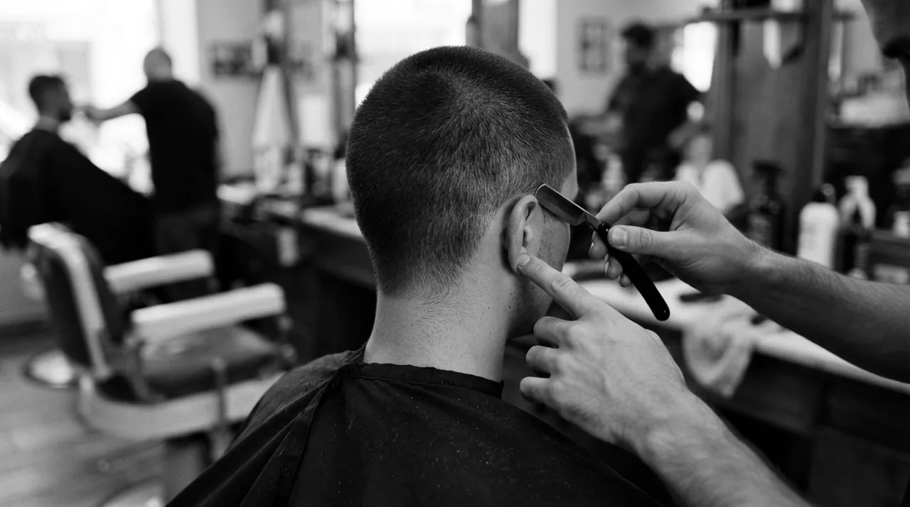 Barbier traçant au rasoir le contour au-dessus de l'oreille d'un client aux cheveux tondus