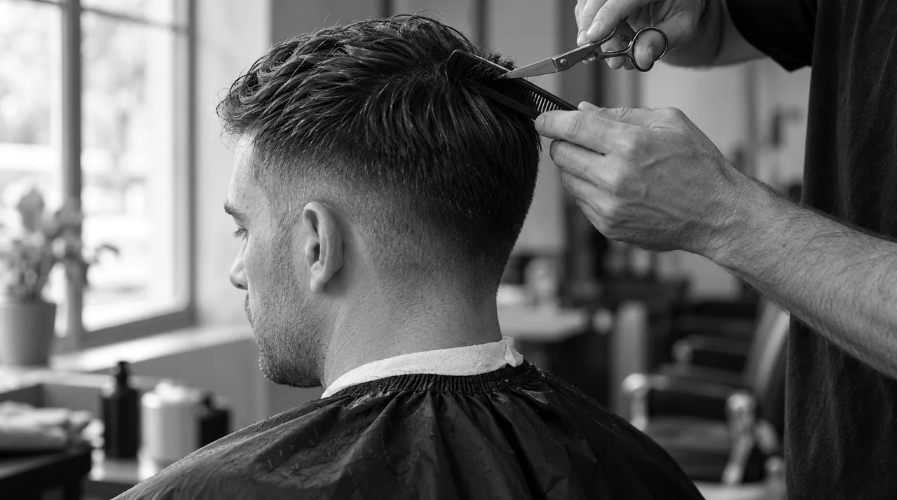 Homme au dégradé net sur la nuque, vu de dos et de côté : le barbier égalise le dessus aux ciseaux sur peigne