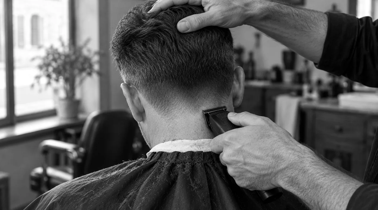 Homme assis au fauteuil du barbier, vu de dos : le barbier termine le contour de la nuque à la tondeuse