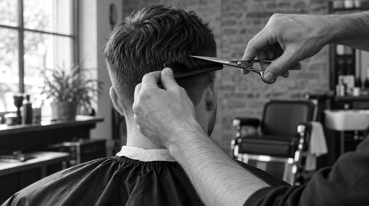 Barbier coupant aux ciseaux, sur le peigne, la nuque d'un client assis, vu de dos
