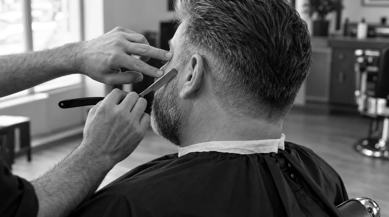 Homme d'une cinquantaine d'années aux cheveux poivre et sel, vu par-dessus l'épaule, le barbier trace au rasoir le contour de sa barbe