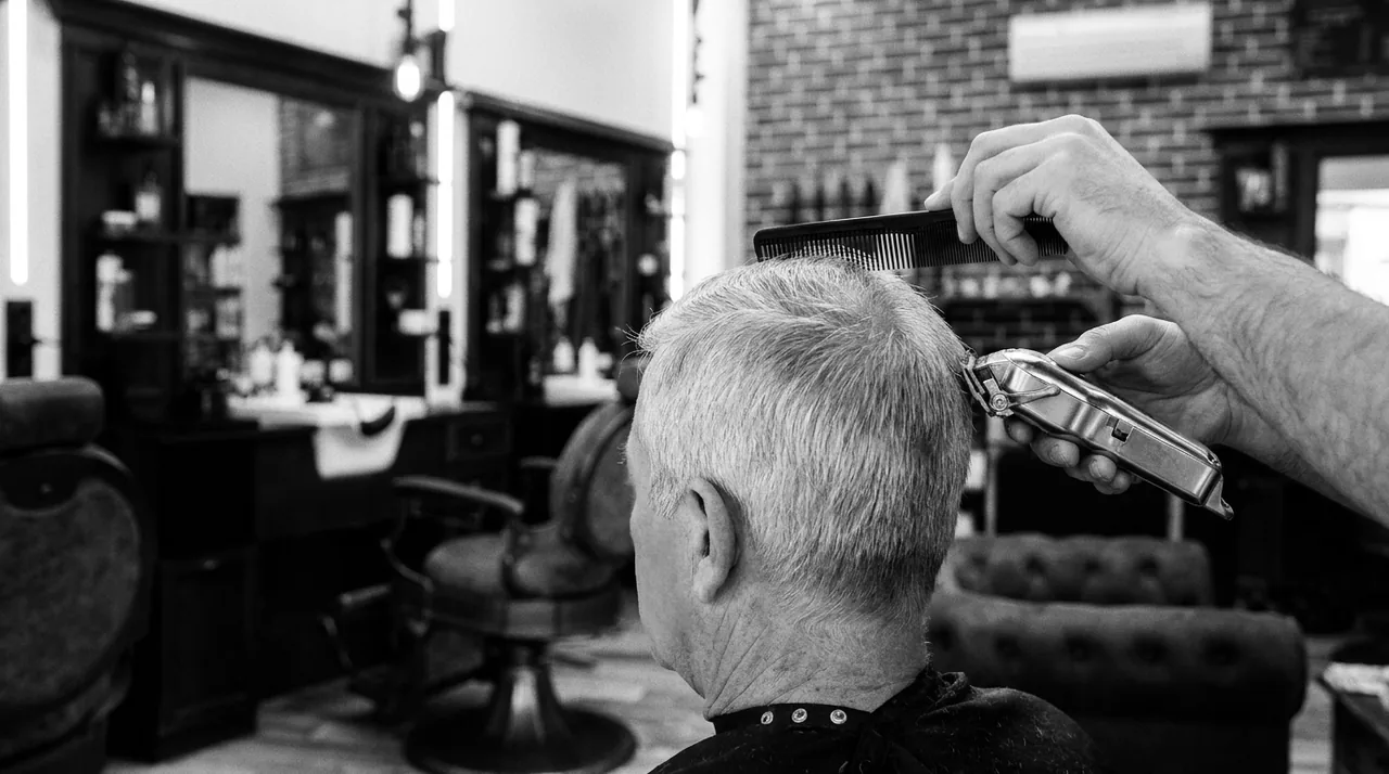 Mains d'un barbier passant la tondeuse sur un peigne, dans des cheveux gris courts