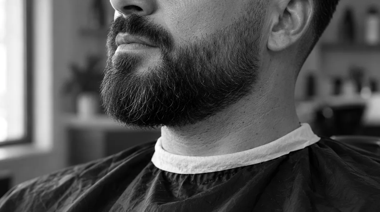 Barbe dégradée vue de trois quarts : courte en haut des joues et sur le cou, plus longue au menton, sans ligne
