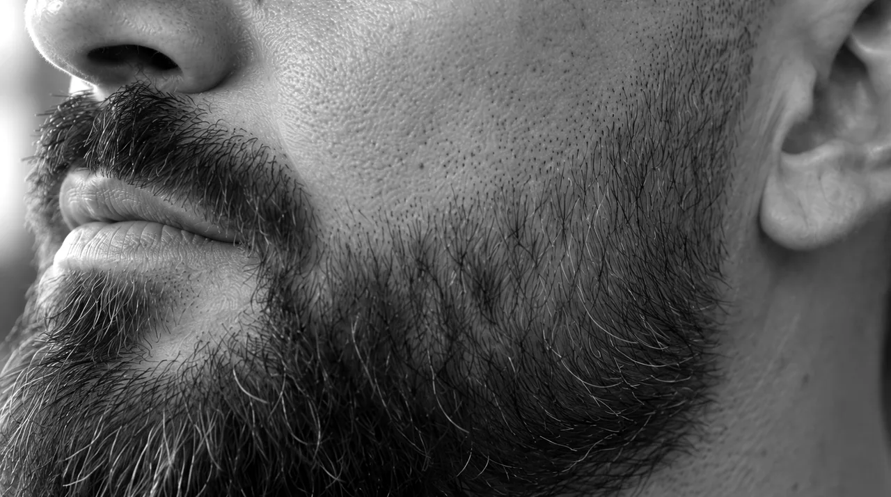 Joue d'homme vue de trois quarts : la barbe raccourcit en remontant vers la pommette et finit sur la peau, sans ligne