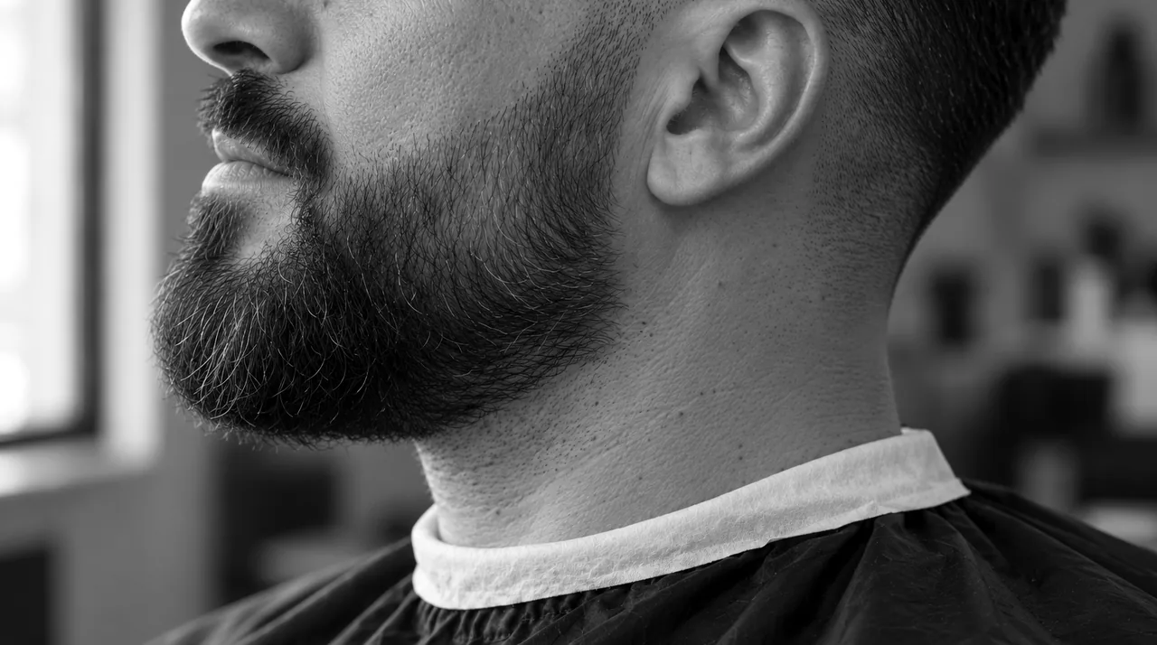 Barbe dégradée vue de profil : la patte rase qui s'allonge vers la barbe, la barbe pleine sous la mâchoire puis de plus en plus courte sur le cou