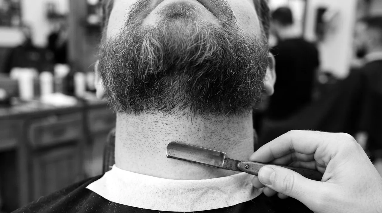 Dessous d'une barbe châtain vu de face et d'en bas : la barbe pleine sous la mâchoire, puis de plus en plus courte sur le cou ; un rasoir manuel sur la peau nue, en bas