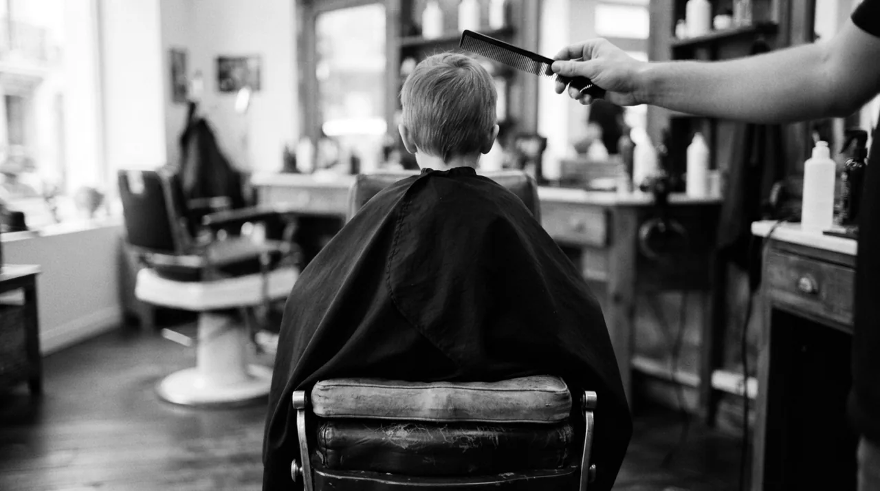 Enfant d'environ quatre ans sur un rehausseur, vu de dos, coupe courte, un barbier tient un peigne
