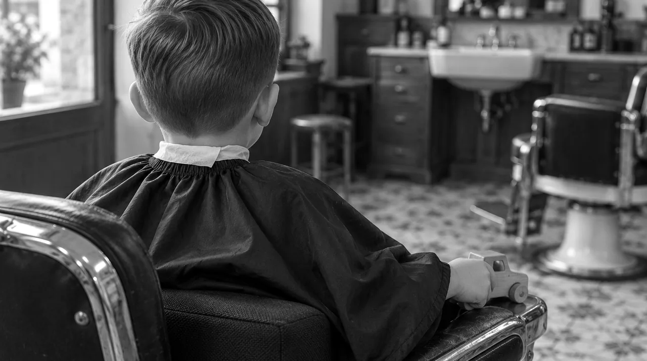 Enfant d'environ quatre ans vu de dos sur un rehausseur, cape noire, une petite voiture en bois dans la main, posée sur l'accoudoir
