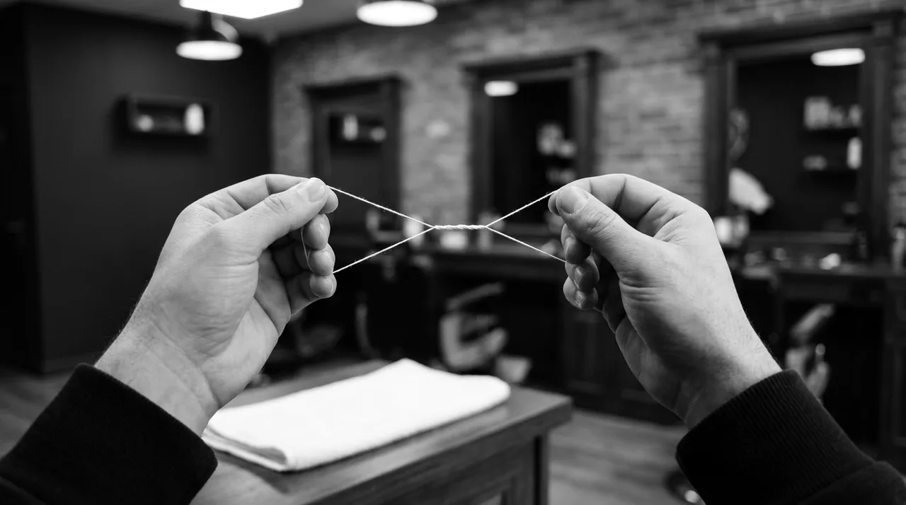 Deux mains tendent une boucle de fil de coton torsadé au-dessus d'un comptoir sombre