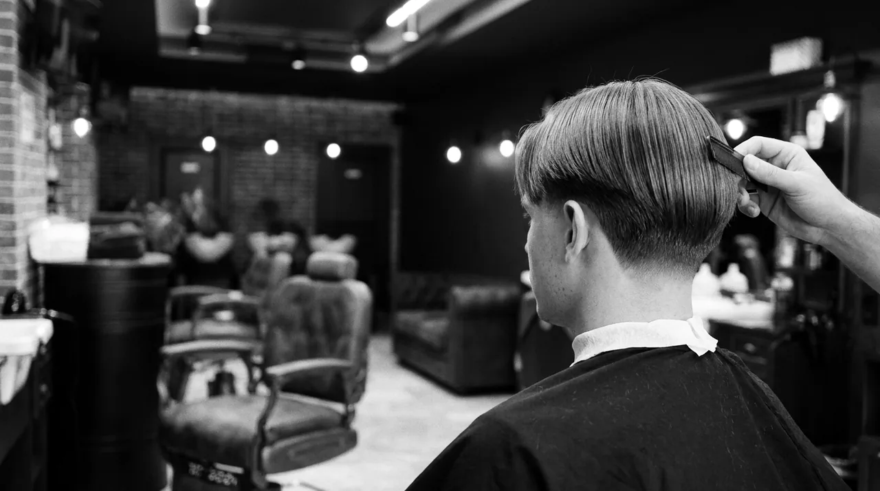 Homme de dos au fauteuil, cheveux châtain clair partagés par une raie au milieu