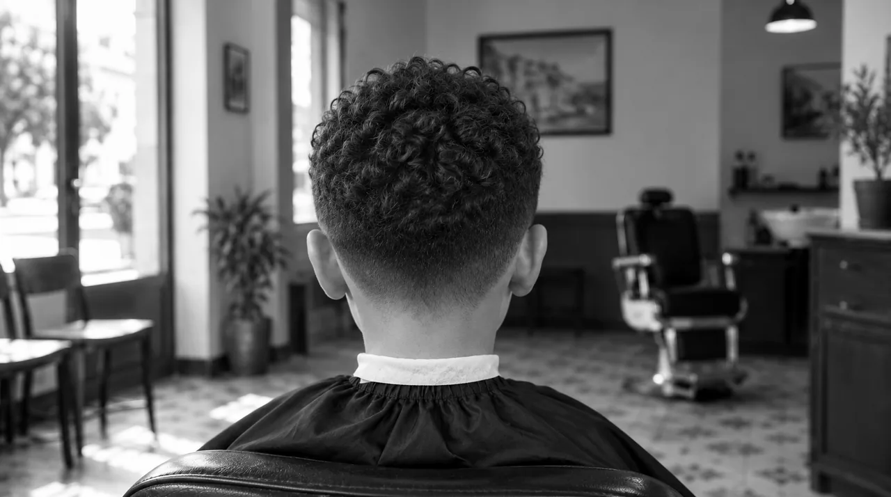 Garçon aux cheveux bouclés vu de dos au fauteuil, boucles gardées sur le dessus, côtés courts