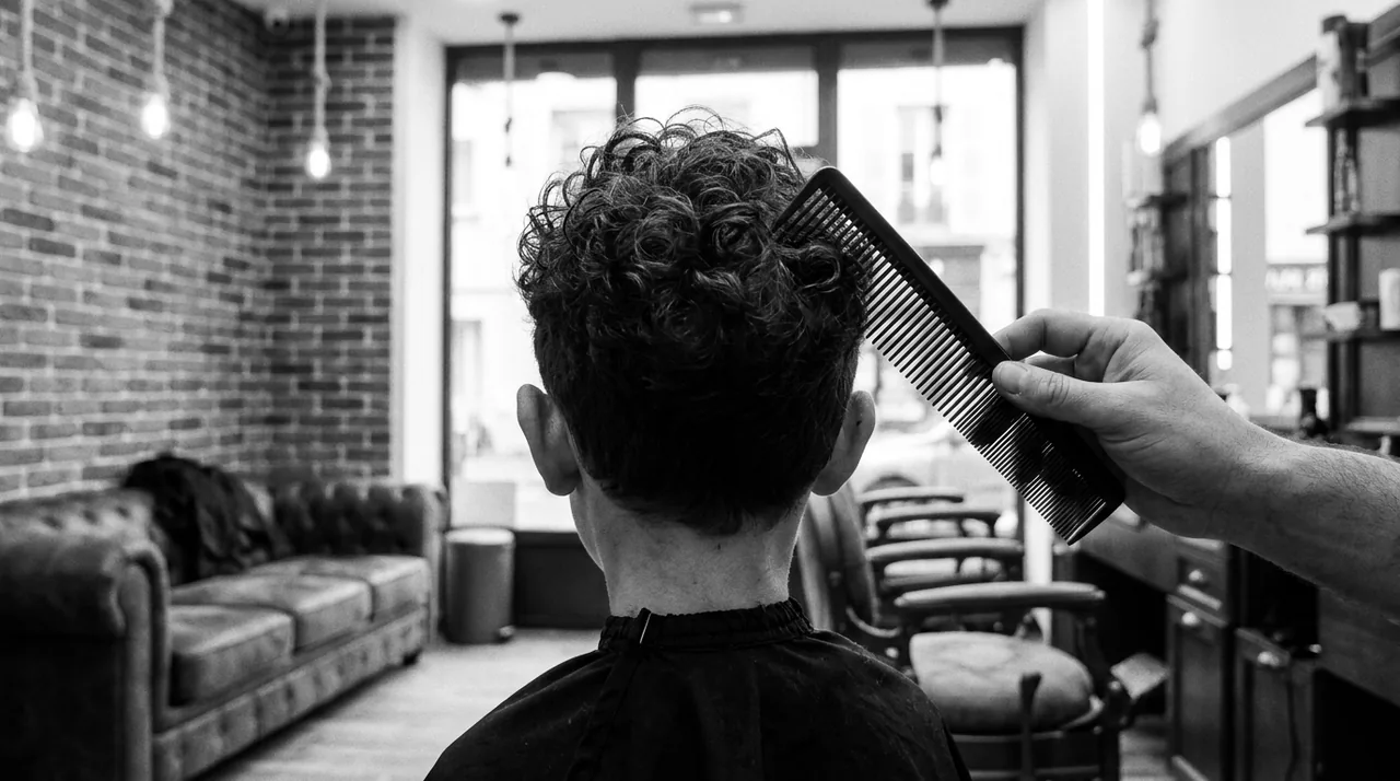 Garçon d'environ sept ans aux cheveux bouclés, vu de dos dans un fauteuil de barbier