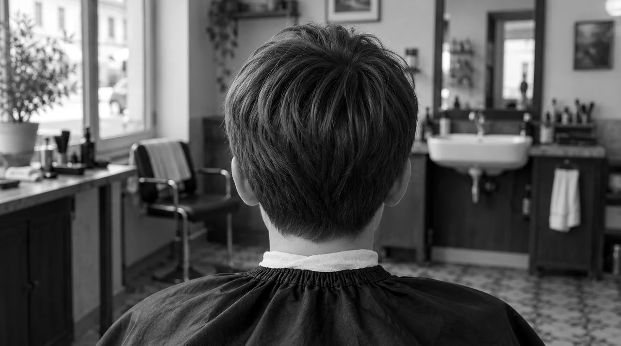 Garçon d'environ douze ans vu de dos, coupe mi-longue : oreilles à moitié couvertes, nuque arrondie au col