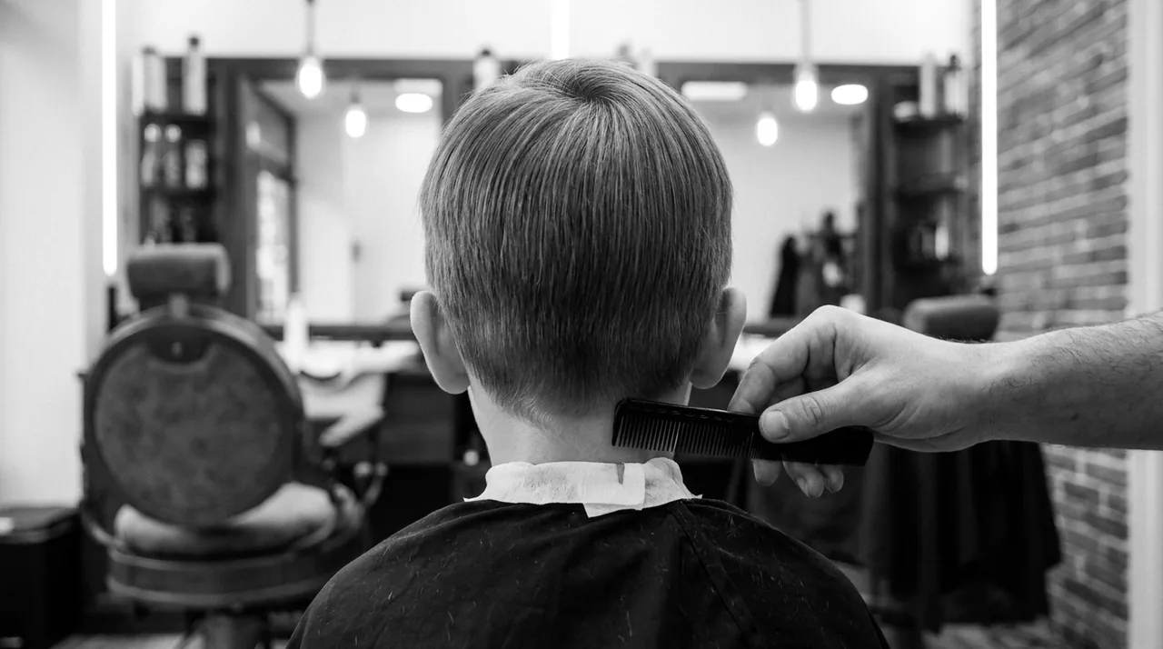 Garçon de sept ans vu de dos au fauteuil, ciseaux près de la nuque