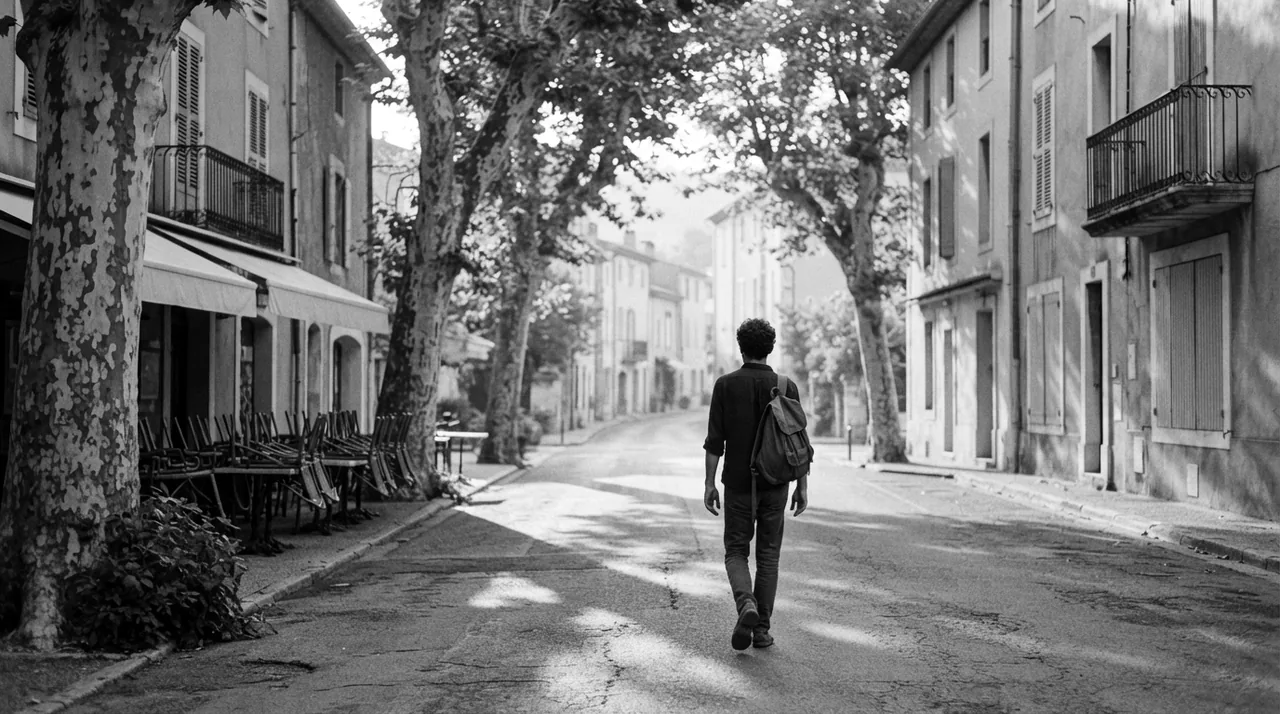Grand-rue d'un village varois au petit matin, platanes et terrasse de café encore fermée, un homme de dos qui s'éloigne