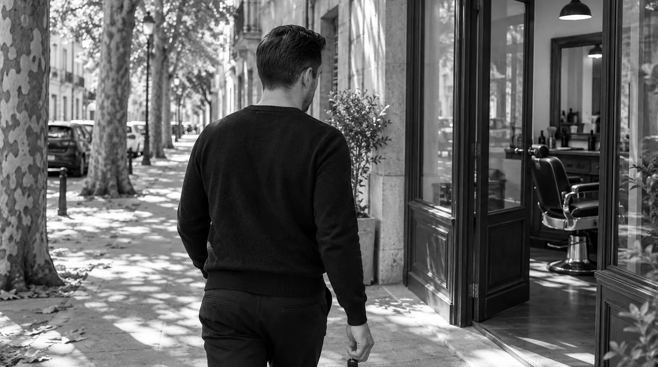 Homme de dos, coupe courte nette, marchant sur un trottoir bordé de platanes vers l'entrée d'un barbier