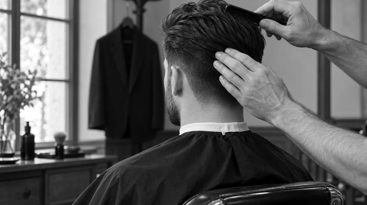 Homme vu de dos au fauteuil du barbier, le coiffage final au peigne, une veste de costume suspendue au fond