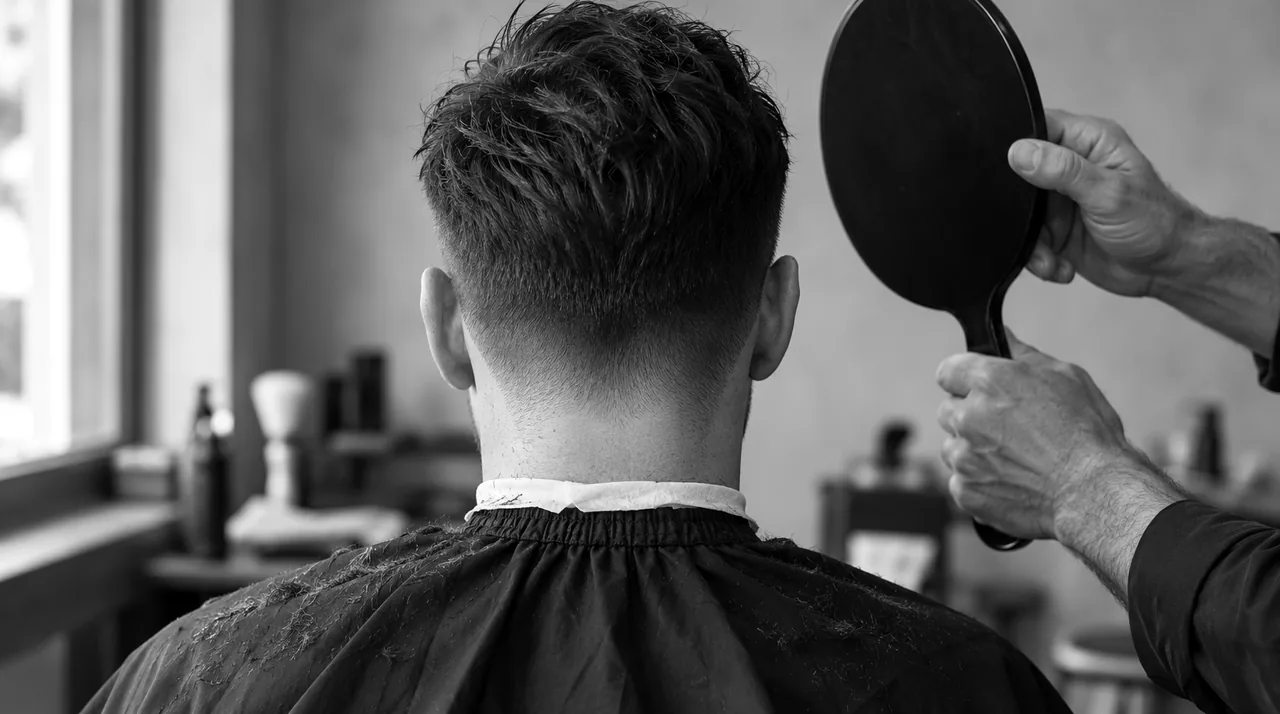 Barber holding a round hand mirror beside the back of a seated client’s freshly cut head at the end of a haircut