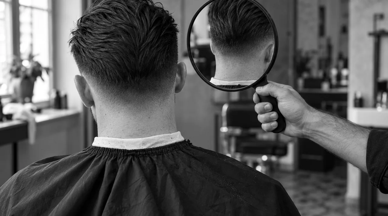 Barbier tenant un miroir à main derrière la tête d'un client pour lui montrer sa nuque dégradée