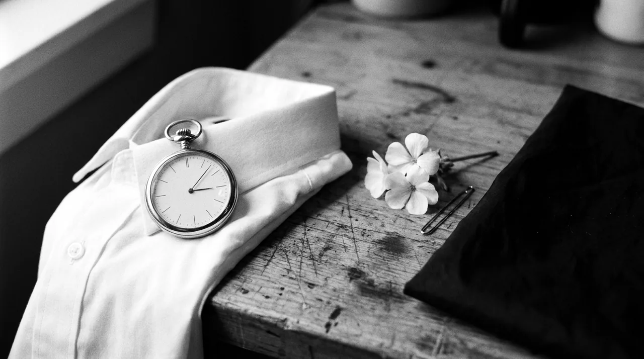 Montre de gousset ouverte sur un col de chemise blanche, près d'une boutonnière
