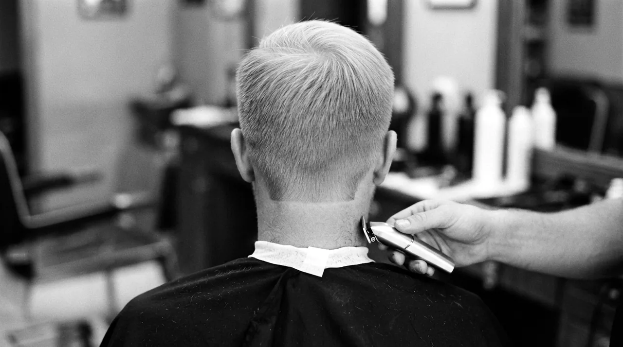 Nuque carrée d'un homme aux cheveux blonds et fins, vue de dos pendant la finition à la petite tondeuse